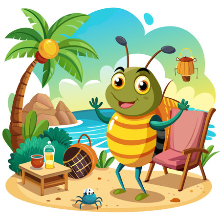 Furniture Beetle bug cheerful looks beach vector. AI generated image. Clipart cartoon design iconのイラスト素材