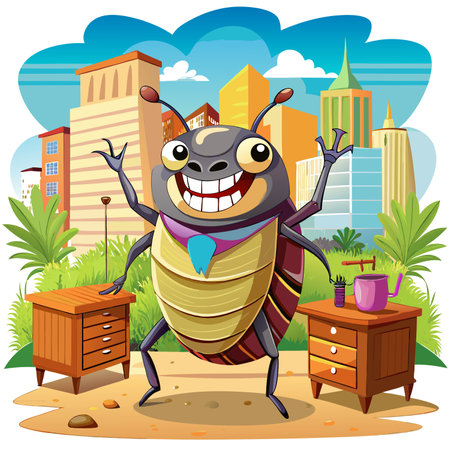 Furniture Beetle bug delightful smiles city vector. AI generated image. Clipart cartoon design iconのイラスト素材