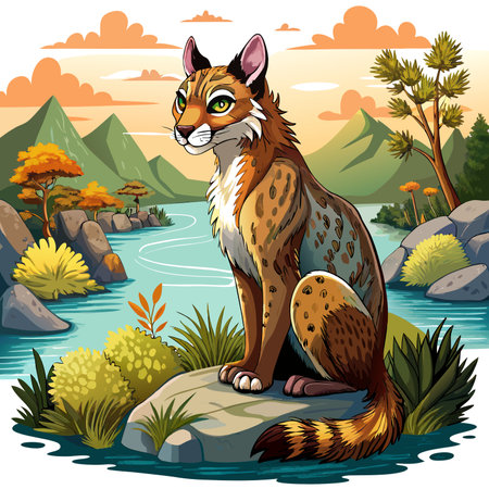 Fossa lynx unhappy sits lake vector. AI generated image. Clipart cartoon design iconのイラスト素材
