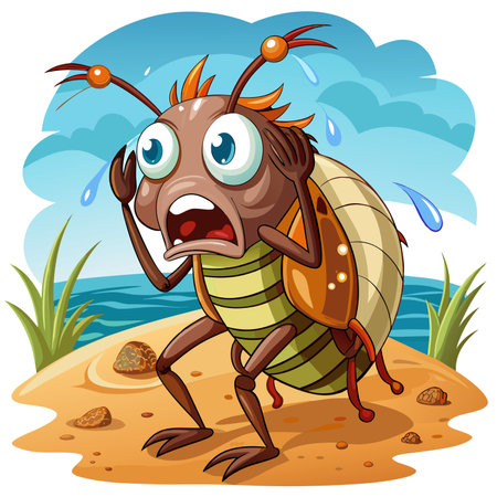Flour Beetle bug shocked cries beach vector. AI generated image. Clipart cartoon design iconのイラスト素材