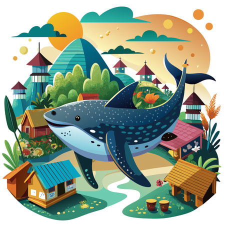 Galapagos Whale Shark fish fierce walks village vector. AI generated image. Clipart cartoon design iconのイラスト素材