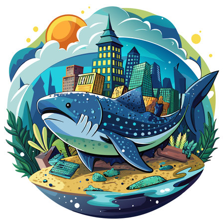Galapagos Silky Shark fish shocked laughs beach vector. AI generated image. Clipart cartoon design iconのイラスト素材