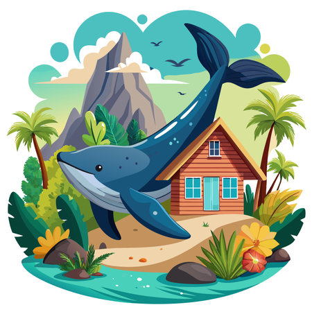 Galapagos Sperm Whale fish stunned sits house vector. AI generated image. Clipart cartoon design iconのイラスト素材