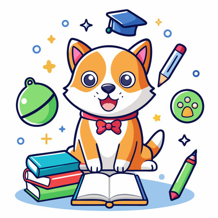 Dog learns kawaii. AI generated image. Clipart cartoon design iconのイラスト素材