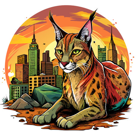 Caracal lynx distressed rests city vector. AI generated image. Clipart cartoon design iconのイラスト素材