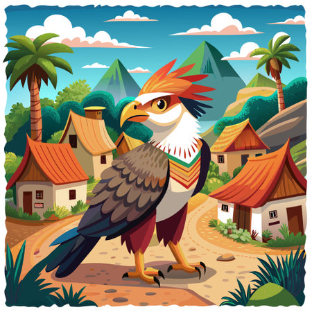 Caracara bird fierce walks village vector. AI generated image. Clipart cartoon design iconのイラスト素材