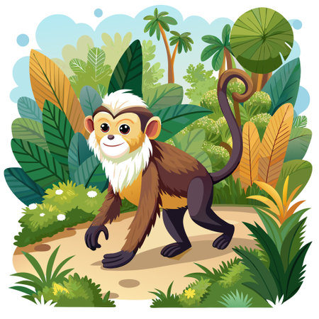 Capuchin Monkey beneficent walks forest vector. AI generated image. Clipart cartoon design iconのイラスト素材
