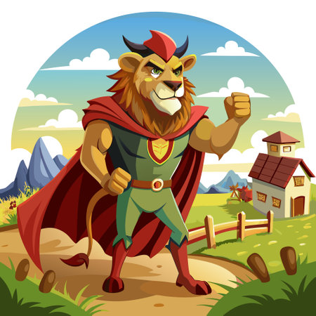 Cape Lion victorious stands farm vector. AI generated image. Clipart cartoon design iconのイラスト素材