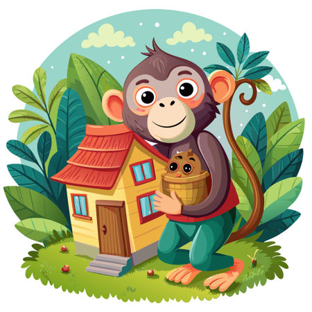 Capuchin Monkey caring laughs house vector. AI generated image. Clipart cartoon design iconのイラスト素材