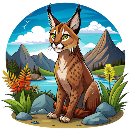 Caracal lynx enthusiastic sits lake vector. AI generated image. Clipart cartoon design iconのイラスト素材