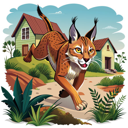 Caracal lynx dumbfounded runs house vector. AI generated image. Clipart cartoon design iconのイラスト素材