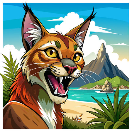 Caracal lynx excited smiles ocean vector. AI generated image. Clipart cartoon design iconのイラスト素材