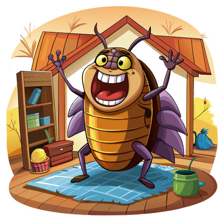 Carpet Beetle depressed laughs house vector. AI generated image. Clipart cartoon design iconのイラスト素材