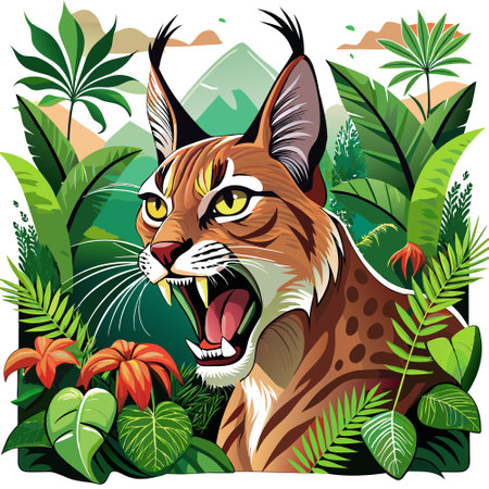 Caracal lynx energetic screams jungle vector. AI generated image. Clipart cartoon design iconのイラスト素材