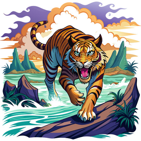 Caspian Tiger horrified goes sea vector. AI generated image. Clipart cartoon design iconのイラスト素材