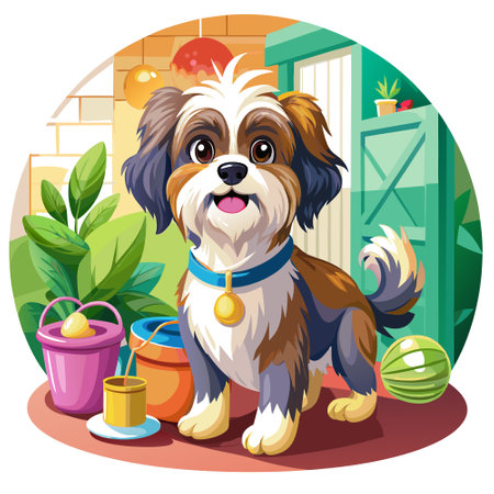 Cava Tzu dog deceived rests room vector. AI generated image. Clipart cartoon design iconのイラスト素材