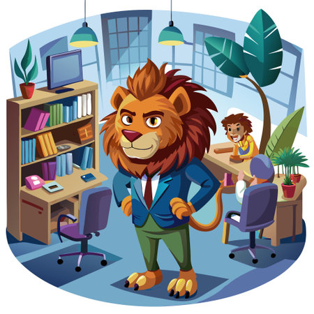 Cave Lion ignored stands office vector. AI generated image. Clipart cartoon design iconのイラスト素材