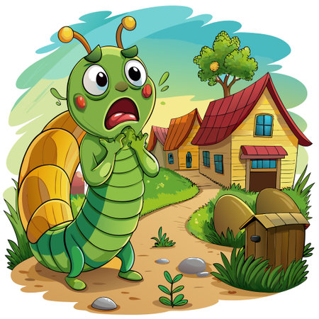Caterpillar amazed cries village vector. AI generated image. Clipart cartoon design iconのイラスト素材