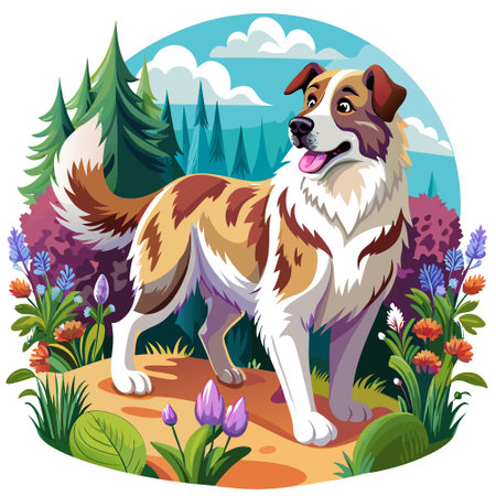 Central Asian Shepherd dog tender goes garden vector. AI generated image. Clipart cartoon design iconのイラスト素材