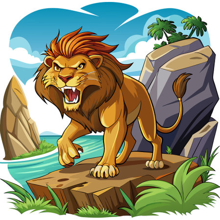 Cave Lion indignant goes sea vector. AI generated image. Clipart cartoon design iconのイラスト素材