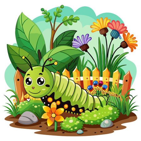 Caterpillar useful rests garden vector. AI generated image. Clipart cartoon design iconのイラスト素材