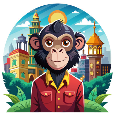 Chimpanzee monkey satisfied smiles city vector. AI generated image. Clipart cartoon design iconのイラスト素材