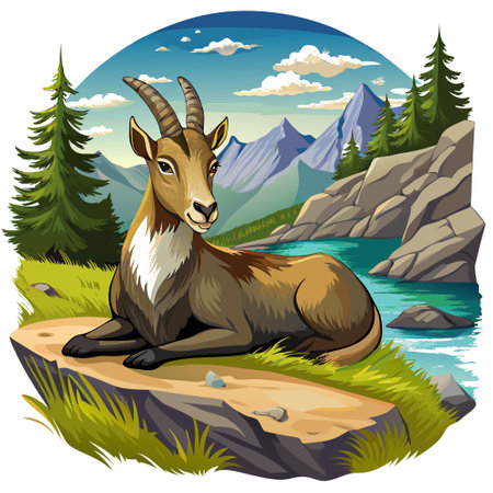 Chamois goat lively lies bank vector. AI generated image. Clipart cartoon design iconのイラスト素材