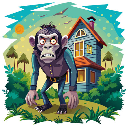 Chimpanzee monkey scared stands house vector. AI generated image. Clipart cartoon design iconのイラスト素材