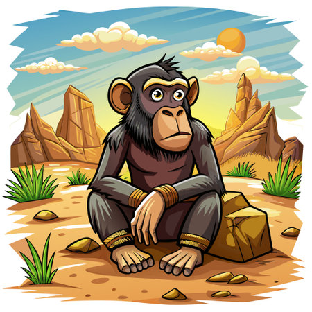 Chimpanzee monkey puzzled rests desert vector. AI generated image. Clipart cartoon design icon