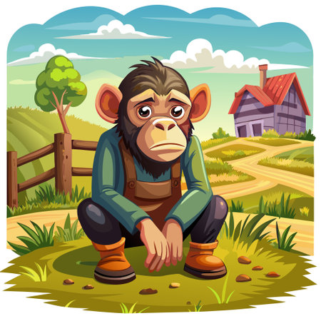 Chimpanzee monkey sad sits farm vector. AI generated image. Clipart cartoon design iconのイラスト素材