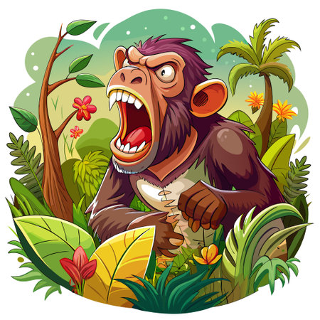 Chimpanzee monkey repulsive screams garden vector. AI generated image. Clipart cartoon design iconのイラスト素材