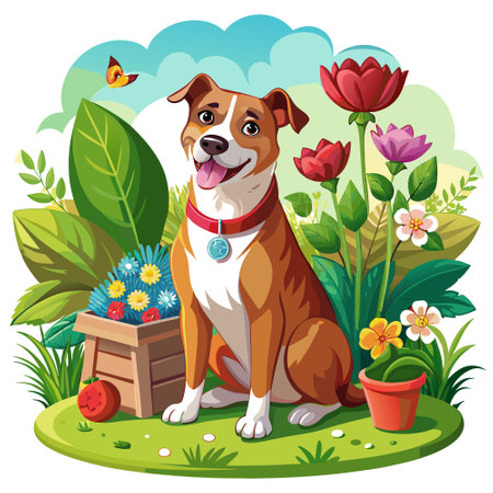 Chipping Sparrow dog blissful goes garden vector. AI generated image. Clipart cartoon design iconのイラスト素材
