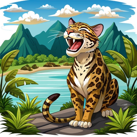 Clouded Leopard cheating laughs lake vector. AI generated image. Clipart cartoon design iconのイラスト素材