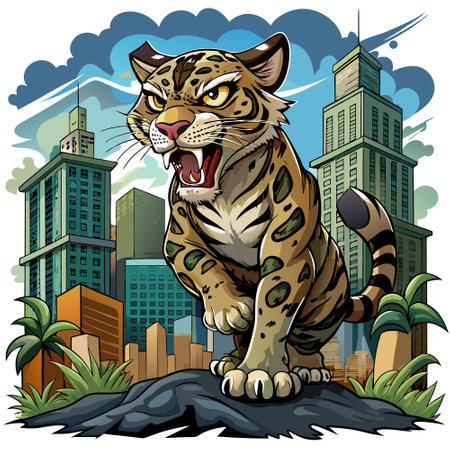 Clouded Leopard brisk angry city vector. AI generated image. Clipart cartoon design iconのイラスト素材