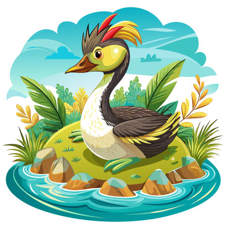 Clarks Grebe bird joyful lies island vector. AI generated image. Clipart cartoon design iconのイラスト素材