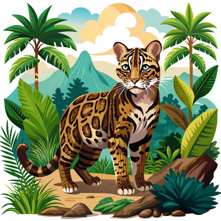 Clouded Leopard charming goes jungle vector. AI generated image. Clipart cartoon design iconのイラスト素材