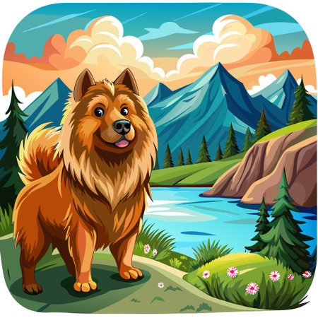 Chow Shepherd dog lively looks lake vector. AI generated image. Clipart cartoon design iconのイラスト素材