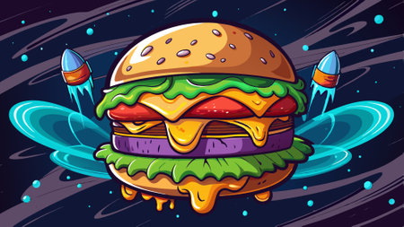 Flying burger on black background. AI generated. Vector iconのイラスト素材