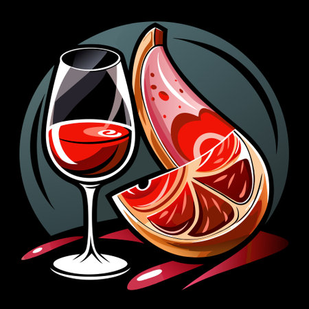 Jamon with red wine on a black background. AI generated. Vector iconのイラスト素材