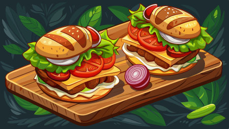 Gourmet Steak Sandwiches on Wooden Board. AI generated. Vector iconのイラスト素材