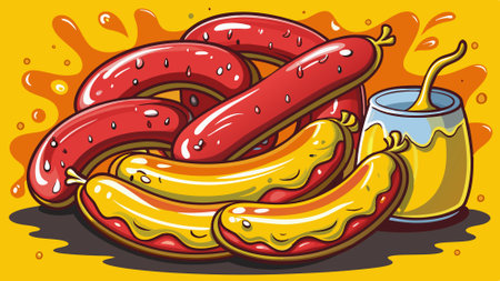 A group of sausages with mustard on them. AI generated. Vector iconのイラスト素材