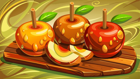 Caramel apple slices on a wooden board. AI generated. Vector iconのイラスト素材