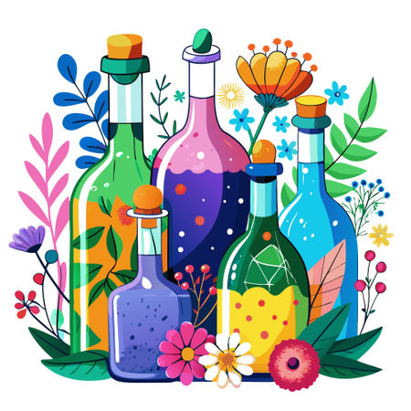 A group of bottles with liquid and flowers. AI generated. Vector iconのイラスト素材
