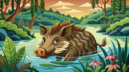 A wild boar is swimming in a body of water.. AI generated. Vector iconのイラスト素材