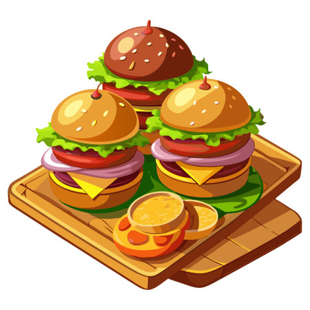 Homemade hamburgers that are served on wood. AI generated. Vector iconのイラスト素材