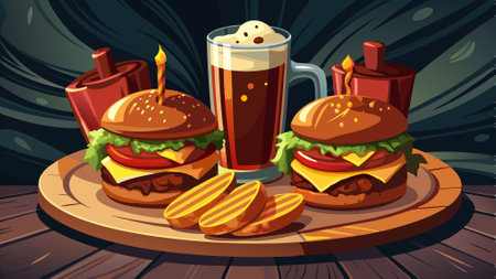 Dark ale with bbq bacon cheeseburger sliders. AI generated. Vector iconのイラスト素材