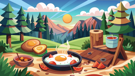 Campfire Breakfast: Eggs, Bacon, and Potatoes. AI generated. Vector iconのイラスト素材