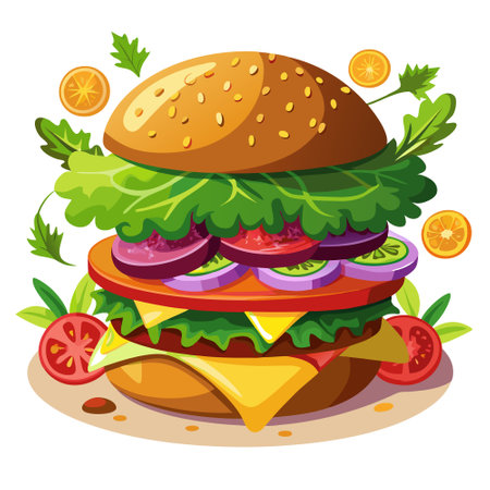 Homemade burger with fresh veggies and cheese. AI generated. Vector iconのイラスト素材