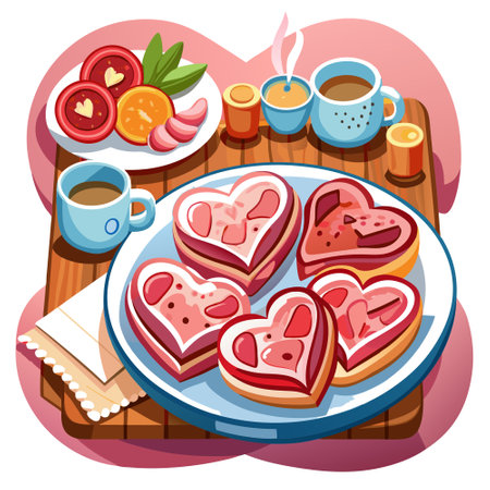 Heart-shaped pieces of bacon on the kitchen table. AI generated. Vector iconのイラスト素材