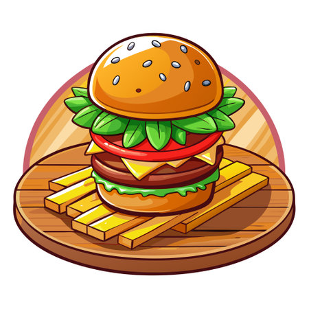 Juicy burger with French fries on wooden table. . AI generated. Vector iconのイラスト素材